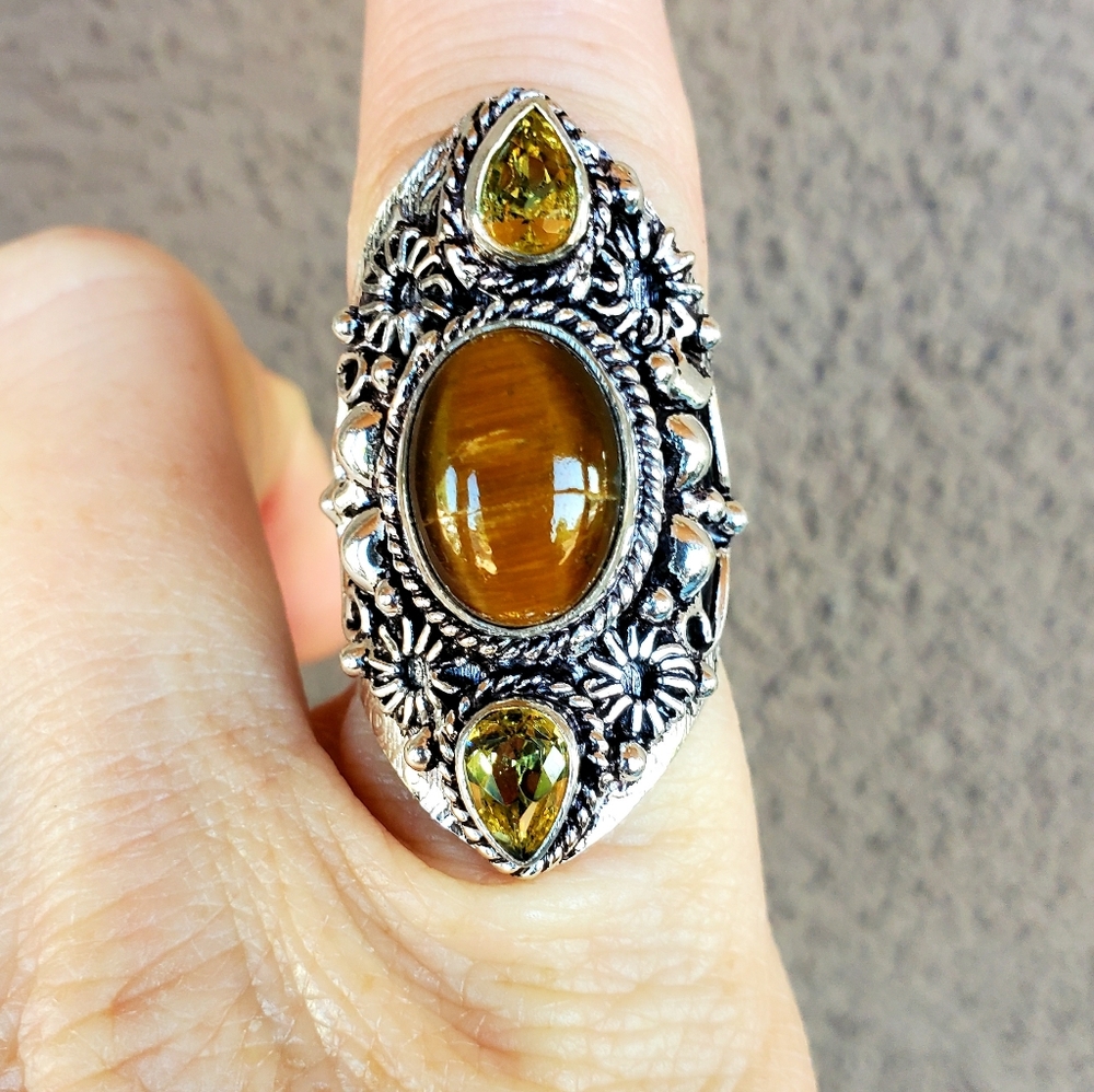 New Tiger Eye & Citrine 925 Silver Statement Ring.